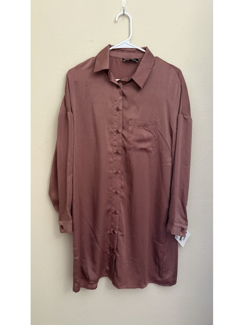 Blue Blush Satin Button Up Shirt Dress Womens S Mauve